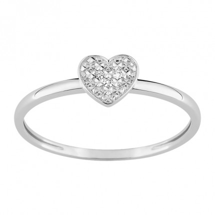 Anel em ouro branco 9K. coração e diamantes de 0.01 ct