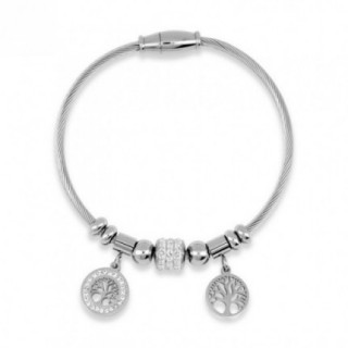 Pulseira de cabo em aço com pendentes da árvore da vida e brilhantes brancos
