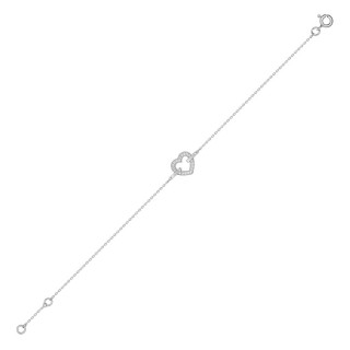 Pulseira em ouro branco de 18K com coração de zircónias-18cm