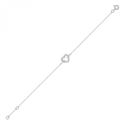 Pulseira em ouro branco de 18K com coração de zircónias-18cm