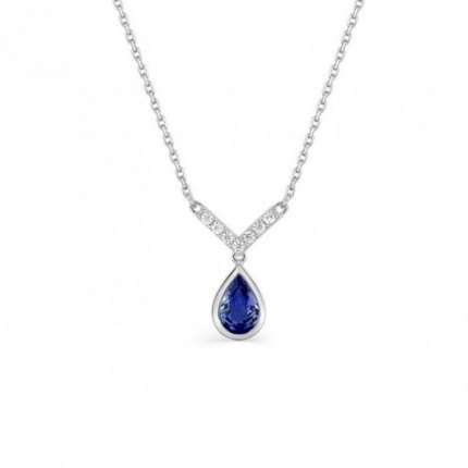 Colar em ouro branco de 18k com diamante 0.06CT e safira
