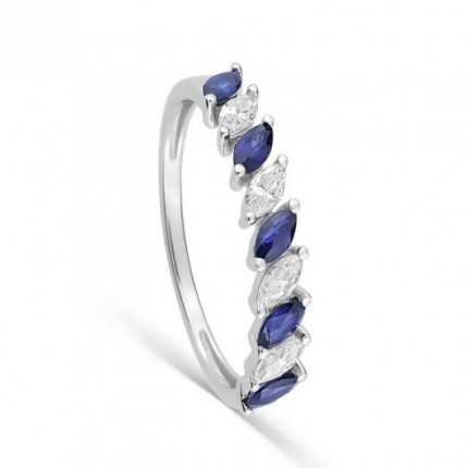 Anillo de oro blanco 9K con circonitas y zafiros