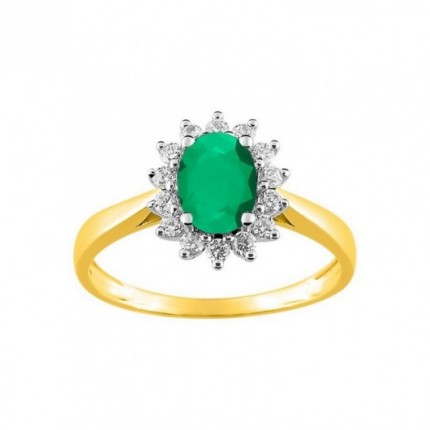 Anillo solitario oro amarillo 18K en forma de sol con esmeralda y circonita