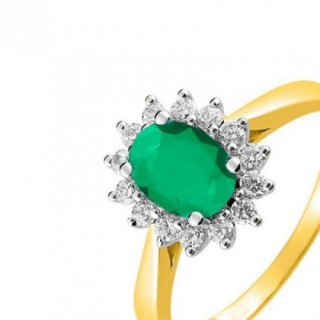 Anel solitário em ouro amarelo 18K em forma de sol com esmeralda e óxidos de zircónio