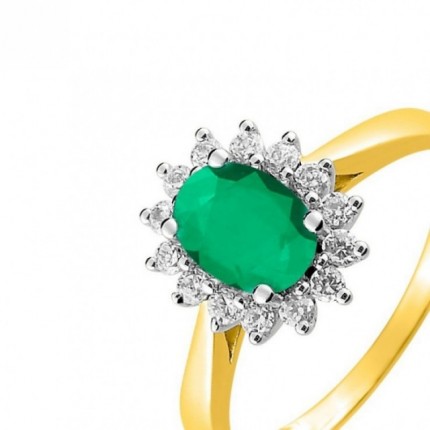 Anillo solitario oro amarillo 18K en forma de sol con esmeralda y circonita