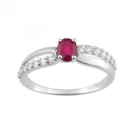 Anillo solitario acompañado oro blanco 18K, rubí y circonita