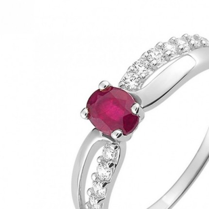 Anillo solitario acompañado oro blanco 18K, rubí y circonita