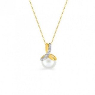 Colar em ouro amarelo 9K e pérola de 9,5 mm e diamantes de 0,005 ct