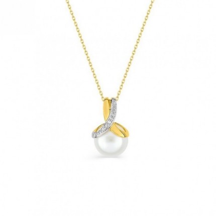 Colar em ouro amarelo 9K e pérola de 9,5 mm e diamantes de 0,005 ct