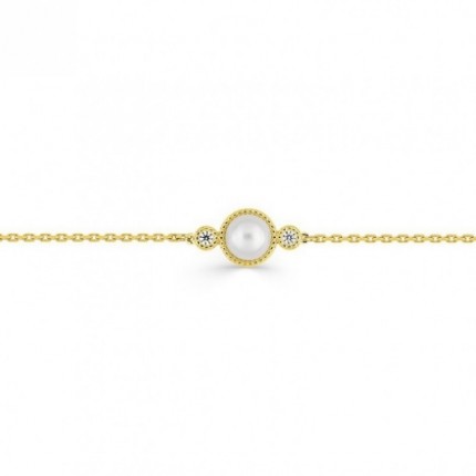 Pulseira em ouro amarelo 18K com diamante de 0,03 ct e pérola cultivada em água doce