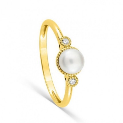 Anel em ouro amarelo 18K, diamante de 0,03 ct e pérola cultivada em água doce