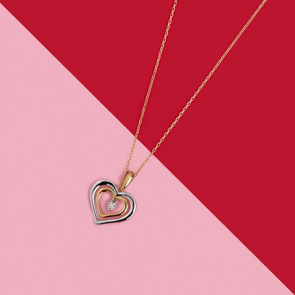 Elegante collar de corazón bicolor en oro 9K, diamante pastilla de 0,01 ct