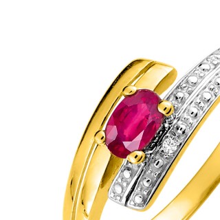 Anel em ouro bicolor de 9K zircónia e rubi