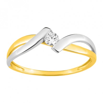 Anillo solitario de oro bicolor 9K con circonita central