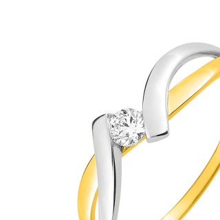 Anillo solitario de oro bicolor 9K con circonita central