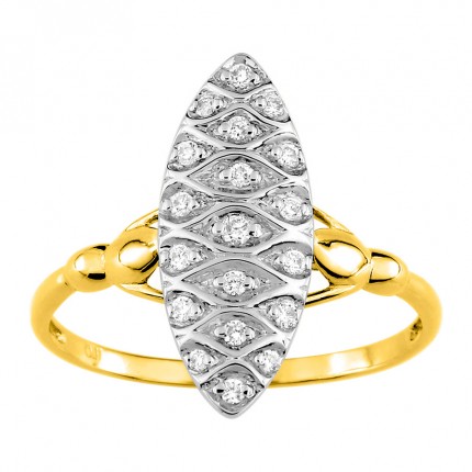 Anel em ouro bicolor 9K oval com diamantes 0.11 ct