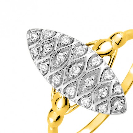 Anel em ouro bicolor 9K oval com diamantes 0.11 ct