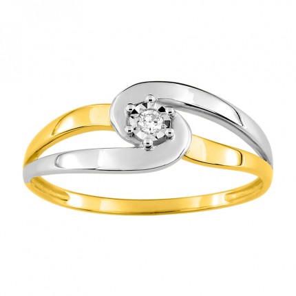 Anillo de oro bicolor de 9K diseño cruzado con diamante 0,026 ct
