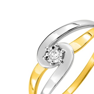 Anel em ouro bicolor de 9K design cruzado com diamante  0,026 ct