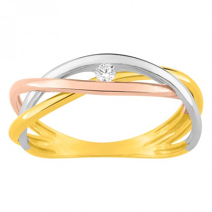 Sortija de oro tricolor 18K 3 aros entrelazados y diamantes