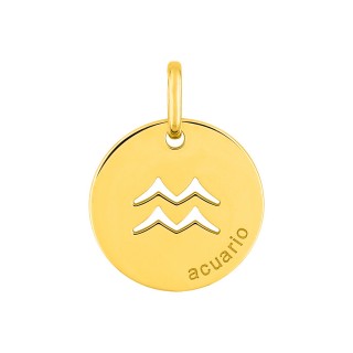 Colgante redondo Horóscopo español Acuario de oro amarillo 18K