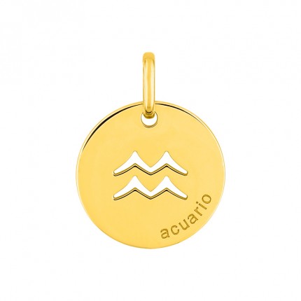 Medalha redonda do Horóscopo espanhol Aquário em ouro amarelo 18K