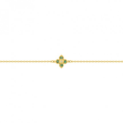 Pulseira flor em ouro amarelo 9k, esmeraldas e diamante de 0,01 ct