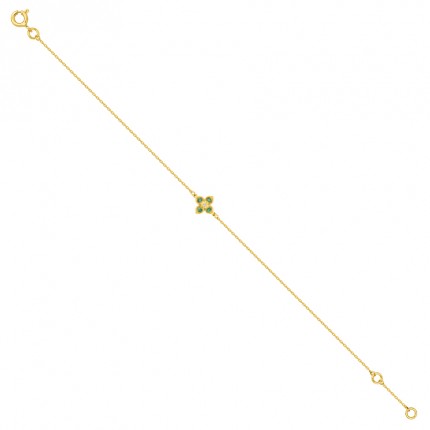 Pulseira flor em ouro amarelo 9k, esmeraldas e diamante de 0,01 ct