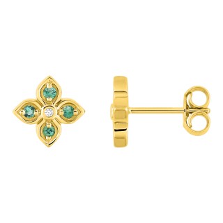 Brincos flores em ouro amarelo 9k, esmeraldas e diamantes 0,01 ct
