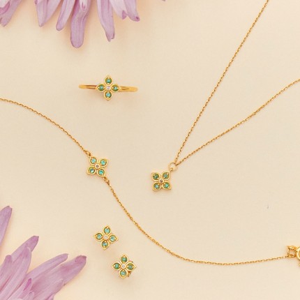 Pulseira flor em ouro amarelo 9k, esmeraldas e diamante de 0,01 ct