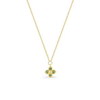 Collar flor en oro amarillo de 9k, esmeraldas y diamantes de 0,01 ct.
