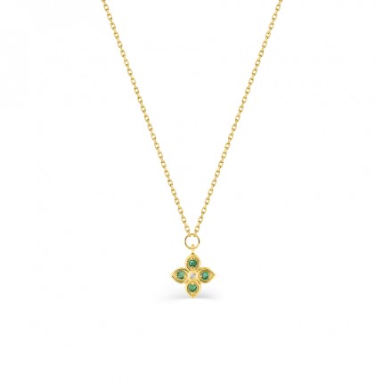 Colar flor em ouro amarelo 9k, esmeraldas e diamantes de 0,01 ct