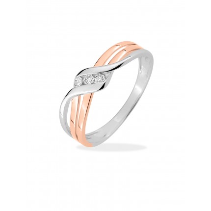 Anel em ouro bicolor 18K com 3 diamantes 0.01 ct