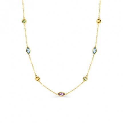 Colar em ouro amarelo 9k, peridoto, topázio, citrino, ametista e topázio