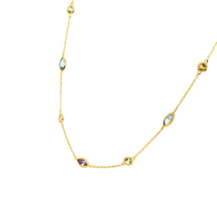 Colar em ouro amarelo 9k, peridoto, topázio, citrino, ametista e topázio