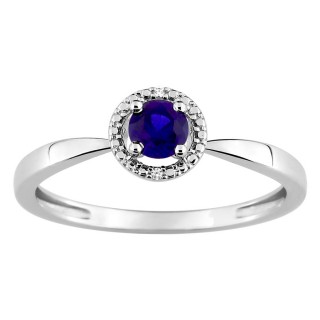 Anillo de oro blanco 9K con zafiro central y circonitas