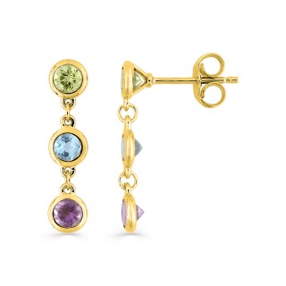 Pendientes colgantes de oro amarillo 9K, amatista, peridoto y topacio azul