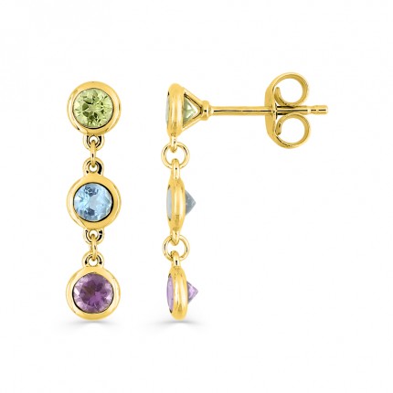 Brincos pendentes em ouro amarelo 9K, ametista, peridoto e topázio azul