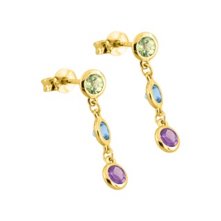 Brincos pendentes em ouro amarelo 9K, ametista, peridoto e topázio azul