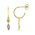 Brincos meia argola 10 mm ouro amarelo 9k, peridoto e ametista