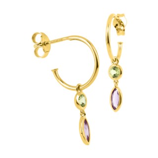 Pendientes medio aro 10mm oro amarillo 9k, peridoto y amatista