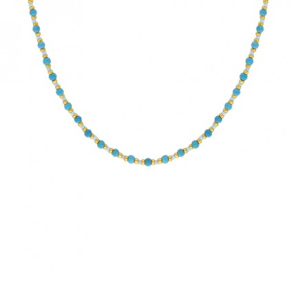 Collar de acero dorado, turquesa sintética y cuentas de cristal
