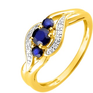 Anillo bañado en oro Trilogía con 3 circonitas azules y diseño 2 tiras