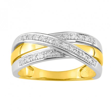 Anel em ouro bicolor 9K cruz com diamante 0.05 ct