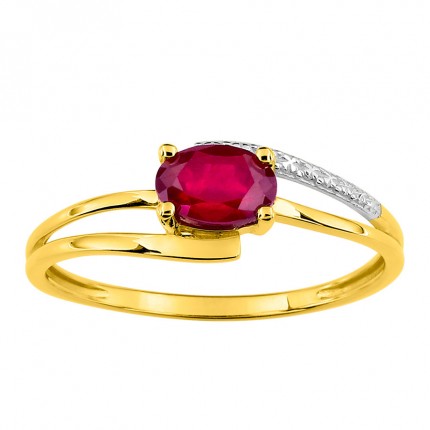 Anel em ouro bicolor de 9K com rubi central