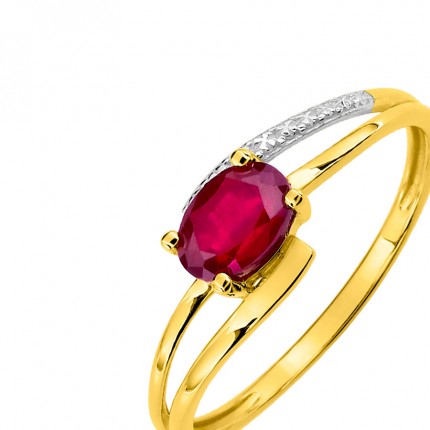 Anillo de oro bicolor de 9K con rubí central