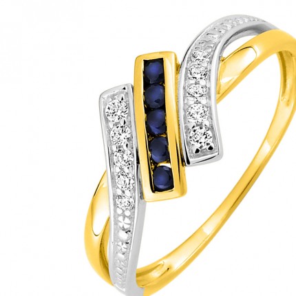 Anillo de oro bicolor con zafiro y barra de circonita