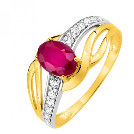 Anillo de oro bicolor circonita y rubí entrelazados
