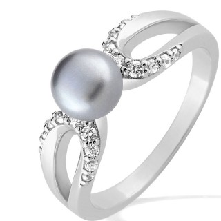 Anel de prata, zircónias e pérola cinza 6 mm