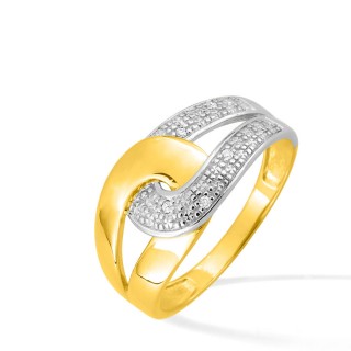 Anillo de oro bicolor 9K con nudo central y diamante 0.025CT